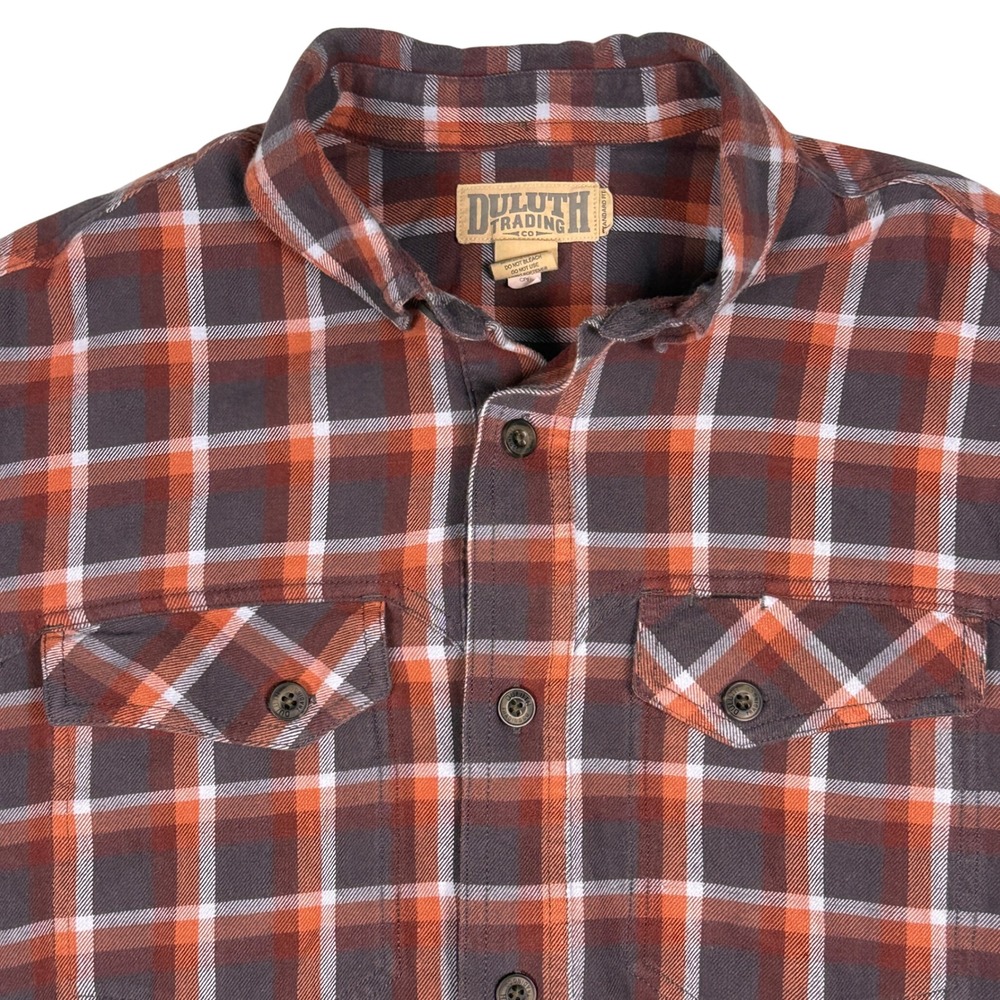 Duluth Trading Co Andaro Fit Mens Plaid‎ Flannel Button Up Shirt Orange Gray